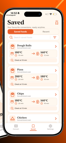 Air Fryer Converter — Saved foods — keep favourite conversions ready, search them and reopen them anytime.