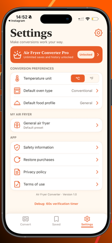 Air Fryer Converter — Settings — temperature units, oven defaults, safety information, Restore Purchases and Air Fryer Converter Pro.