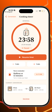 Air Fryer Converter — Cooking timer — track converted cook time with reminders such as halfway turn-or-shake prompts.