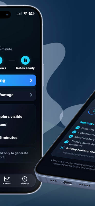 BJJ Vision AI — AI processing tracks guard and transitions while building coaching notes.