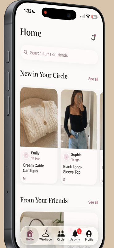 Borrowed — Home feed showing new items shared in your Circle by friends.