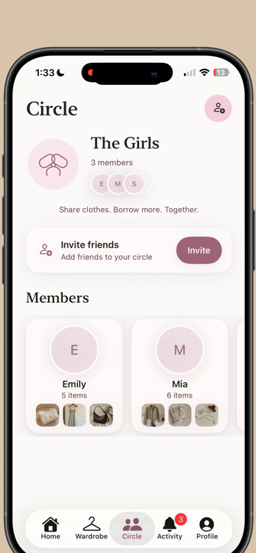 Borrowed — Circle page for The Girls with member profiles and an invite prompt.