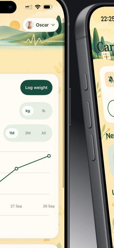 Cat Health Tracker — Log weight in kg or lb and review trends over 1 month, 3 months or all time.