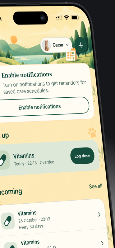 Cat Health Tracker — Enable notifications, log due care and keep upcoming medication schedules organised.