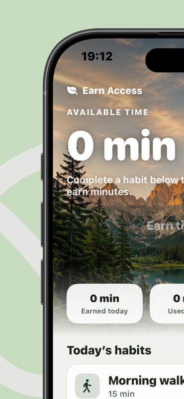 Earn Screen Time: App Blocker — Available time on Home — complete today’s habits to earn minutes toward intentional screen time.