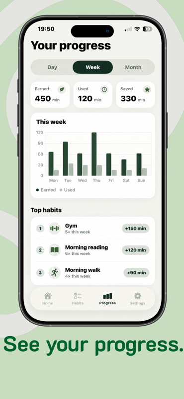 Earn Screen Time: App Blocker — Weekly progress — earned, used and saved minutes, plus the habits that contributed most.