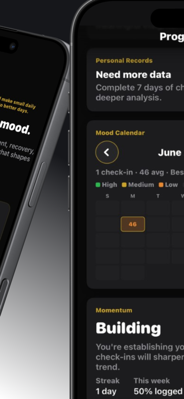 Mood Track — Progress dashboard with mood calendar, momentum tracking and streak context.