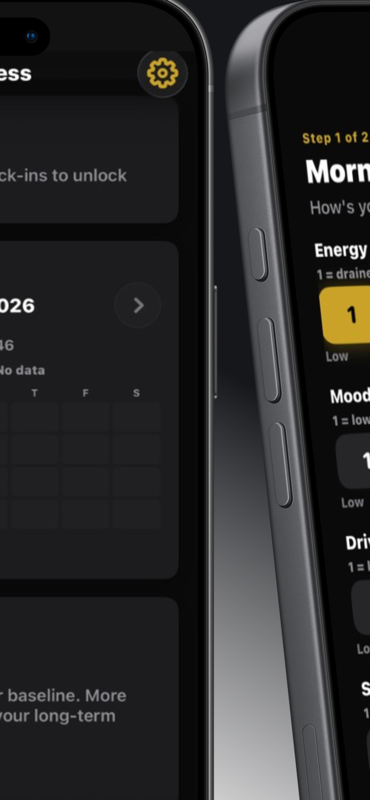 Mood Track — Daily check-in flow for rating energy, mood, drive and sleep.