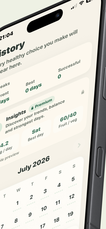 Nouri — History dashboard with fruit and veg insights and a monthly calendar view.