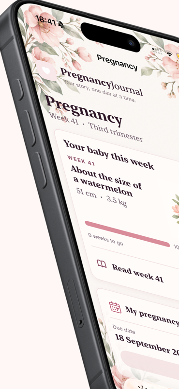 PregnancyJournal — Pregnancy week view for the third trimester, with this week's size comparison, weeks remaining and the saved due date.