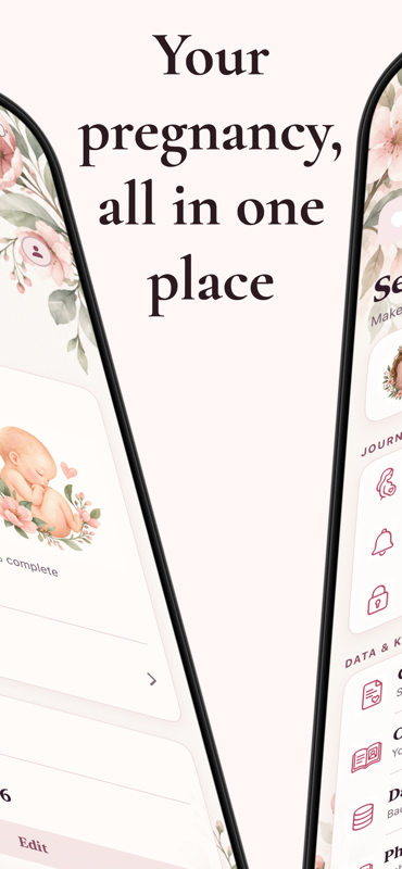 PregnancyJournal — Journal and keepsake screens together — check-ins, notes, reminders, Privacy Lock, exports and photos in one calm place.