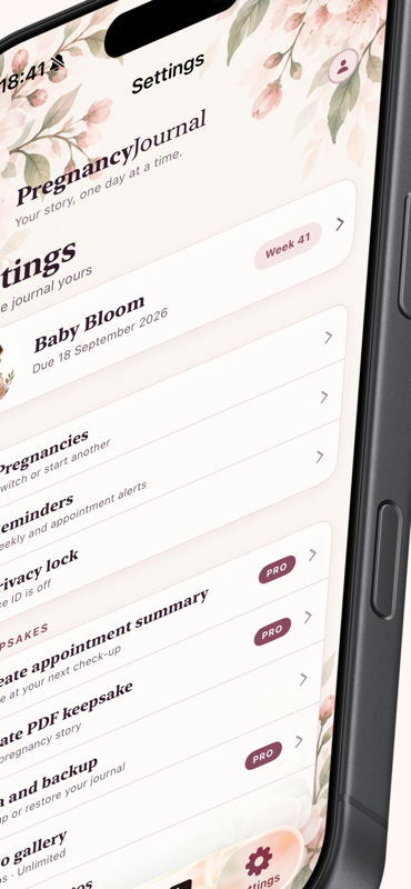 PregnancyJournal — Settings for a saved pregnancy, including reminders, Privacy Lock, appointment summaries, PDF keepsakes, backup and the photo gallery.