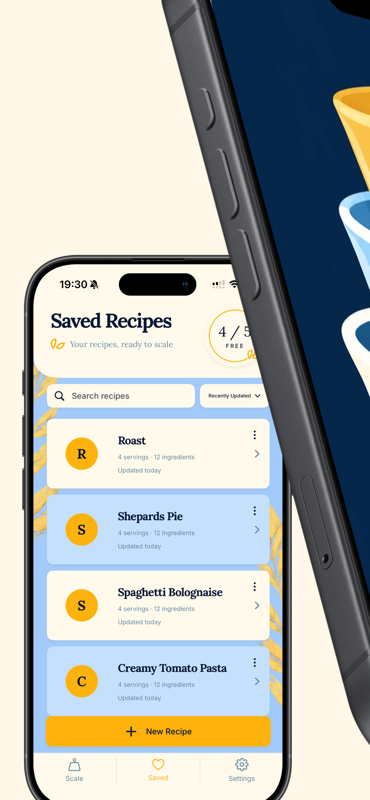 Recipe Portion Scaler — Saved Recipes — search, organise and reopen recipes you keep locally on your iPhone.