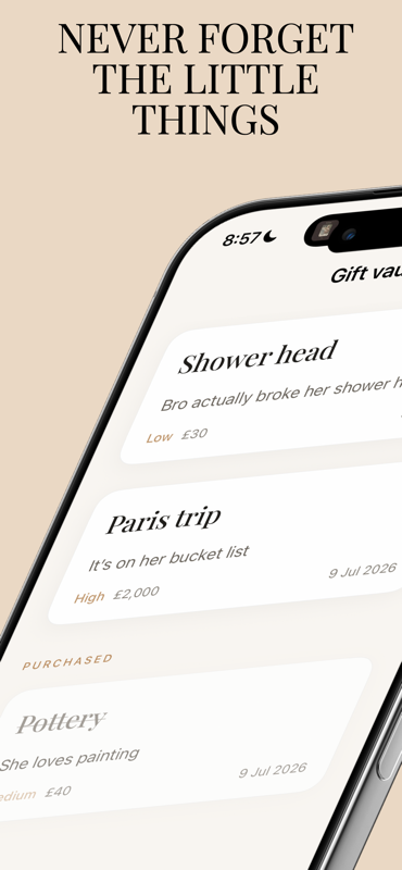 Relationship Tracker Pro — Gift ideas with prices and priorities, plus a purchased section.