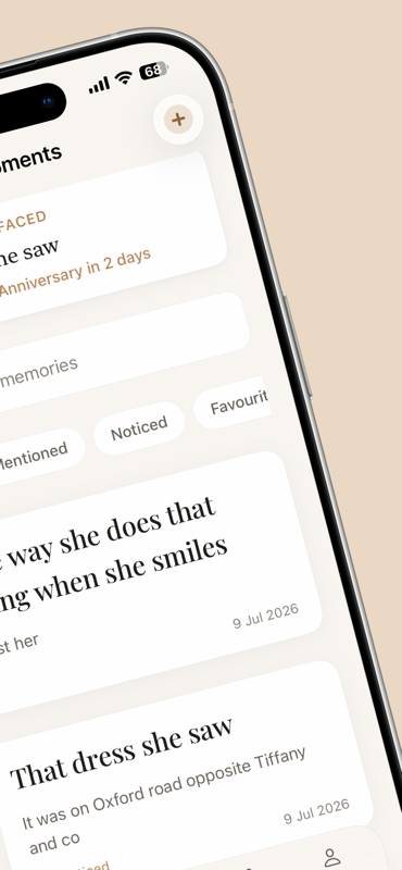 Relationship Tracker Pro — Moments feed with an anniversary reminder and saved notes worth keeping.